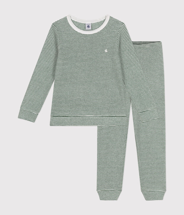 Pijama infantil de tejido de rizo cepillado a rayas verde/blanco