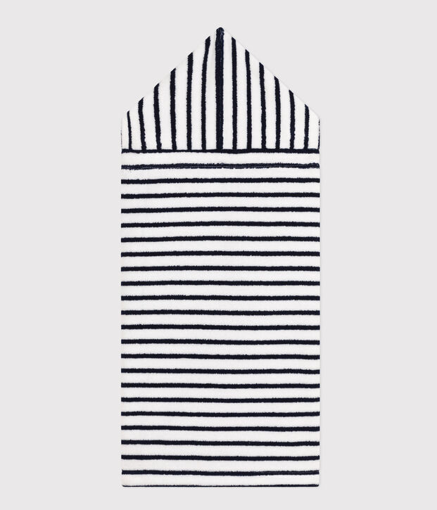 Capa de ba&ntilde;o a rayas de rizo de beb&eacute; blanco/azul