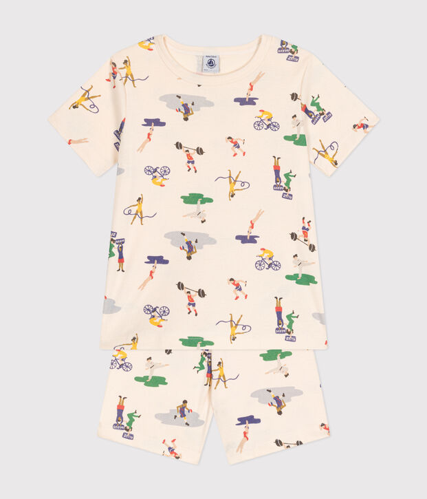 Pijama infantil corto de algod&oacute;n con estampado de deportes crudo/multicolor