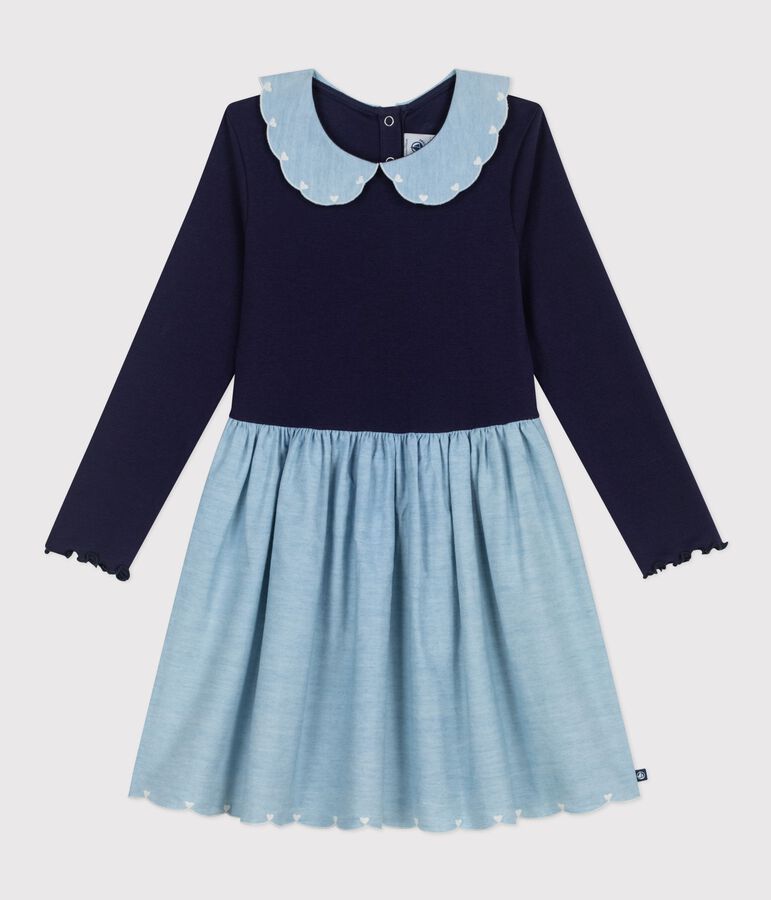 Vestido infantil de manga larga de dos materiales con algod&oacute;n azul SOIR