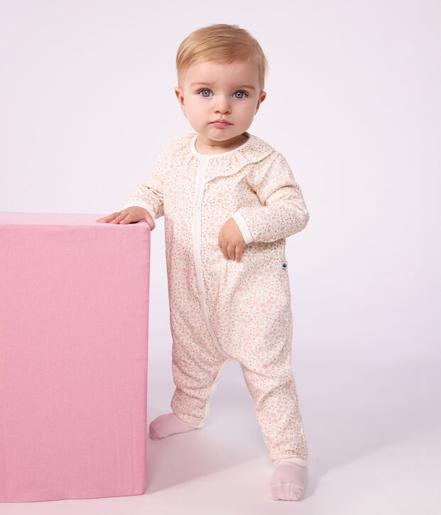 Pijama sin pies de algod&oacute;n con cuello estampado de flores blanco/multicolor