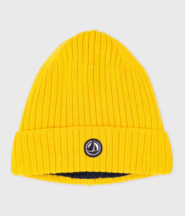 Gorro infantil de punto tricotado con forro polar amarillo JAUNE