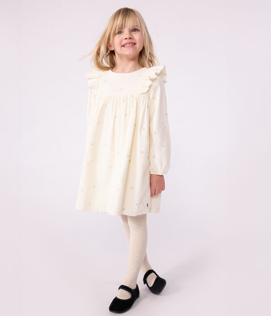 Vestido infantil liso de pana de manga larga crudo MILK/ ARGENT