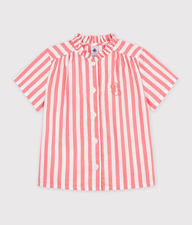 Blusa infantil de algod&oacute;n de manga corta a rayas rosa/blanco