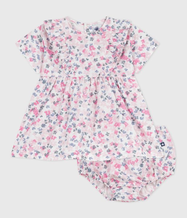 Vestido estampado de algod&oacute;n de manga corta y pololo para beb&eacute; blanco/multicolor