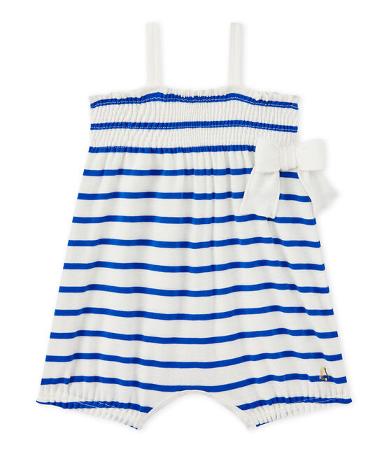Pelele corto bebé niña de tirantes blanco MARSHMALLOW/azul PERSE