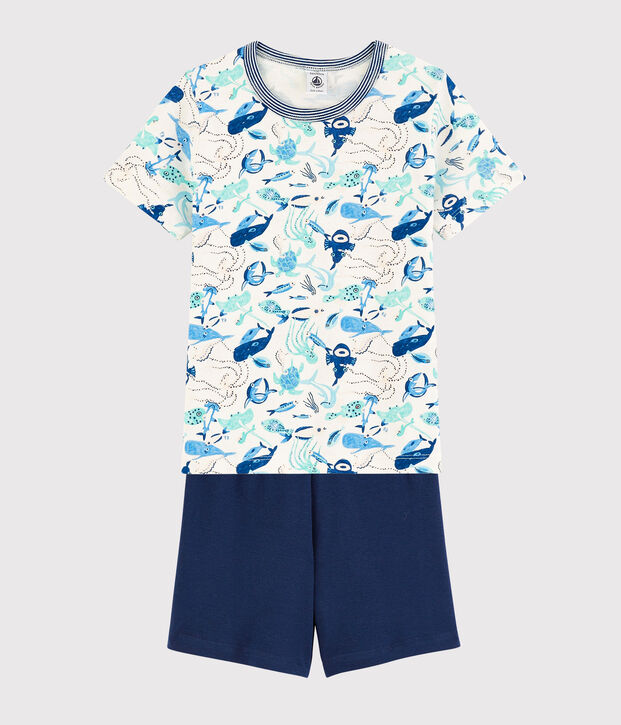 Pijama corto con animales marinos de ni&ntilde;o de algod&oacute;n blanco/multicolor