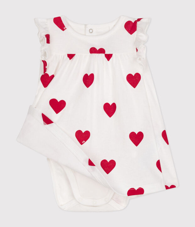 Vestido-bodi con estampado de corazones de algod&oacute;n ecol&oacute;gico de beb&eacute; blanco/rojo