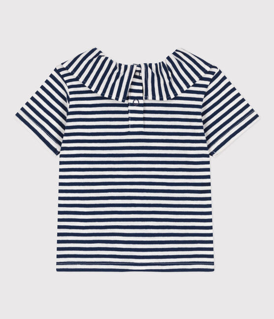 Blusa de punto flameado de manga corta a rayas para bebé azul MEDIEVAL/blanco MARSHMALLOW
