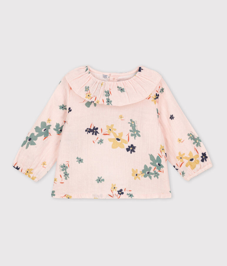 Blusa estampada de manga larga de gasa de algod&oacute;n para beb&eacute; rosa/multicolor