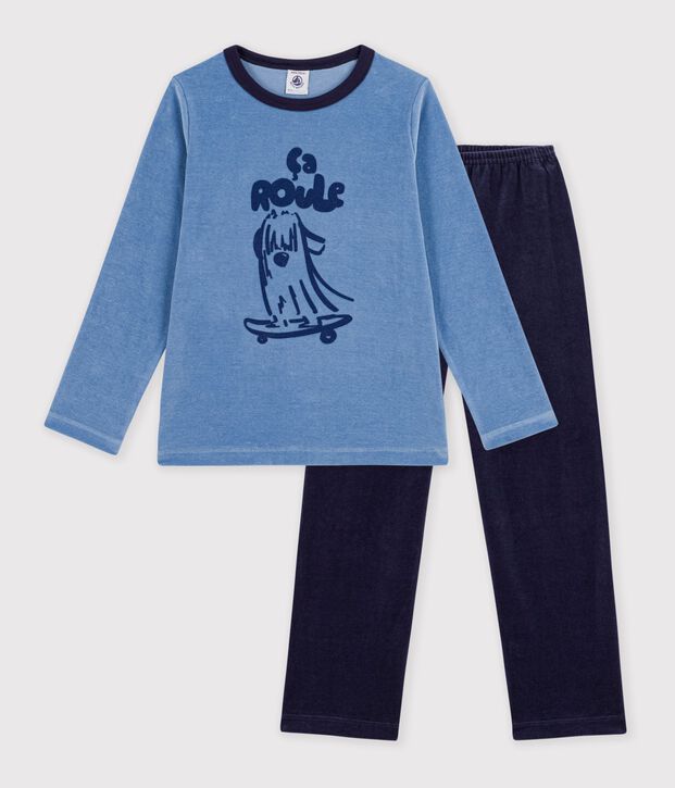 Pijama infantil de terciopelo liso con estampado azul/azul