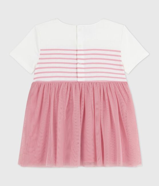 Vestido de manga corta de algodón y tul con parte superior a rayas para bebé blanco MARSHMALLOW/rosa CHARME