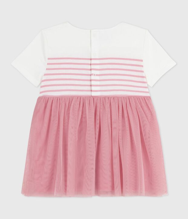 Vestido de manga corta de algod&oacute;n y tul con parte superior a rayas para beb&eacute; blanco/rosa