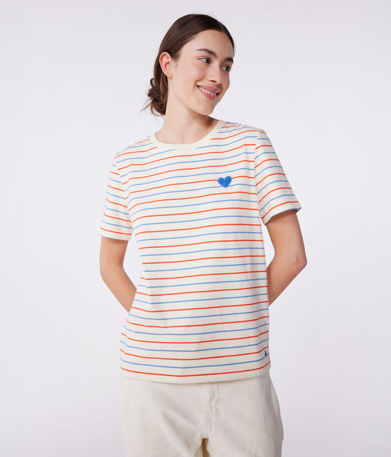 Camiseta Recta de algod&oacute;n a rayas para mujer crudo/multicolor