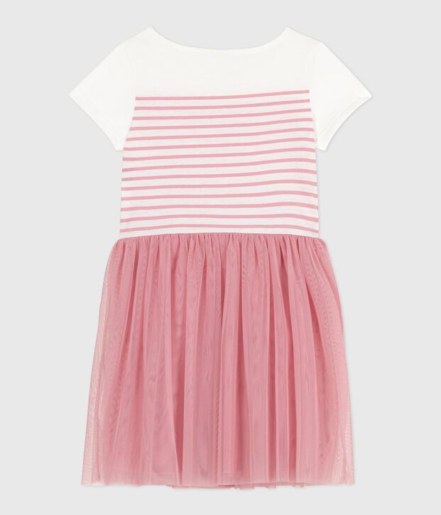 Vestido infantil de manga corta de algod&oacute;n y tul para ni&ntilde;a blanco/rosa