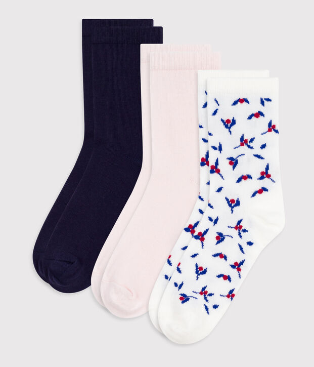 3 pares de calcetines infantiles de algod&oacute;n con estampado de flores multicolor