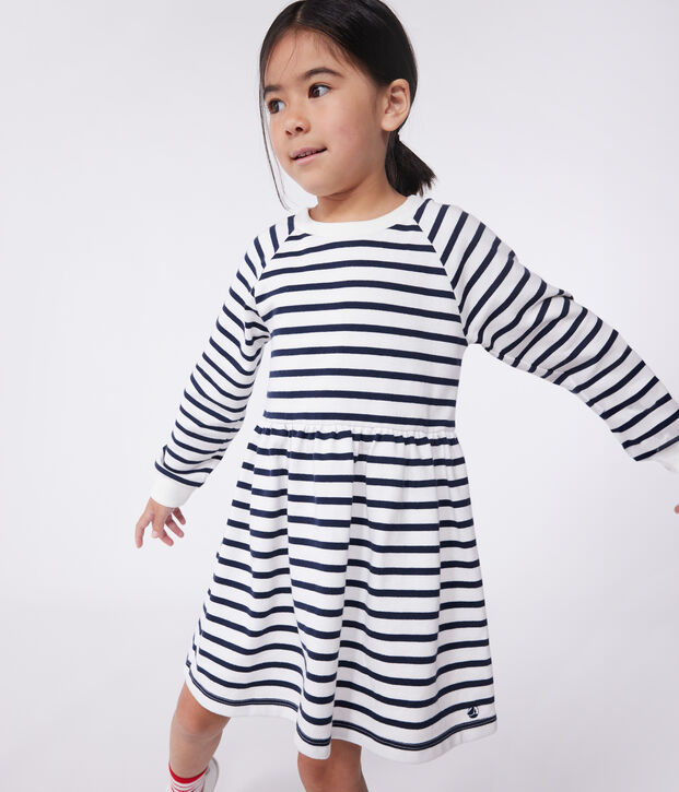 Vestido infantil de algod&oacute;n de manga larga a rayas blanco/azul