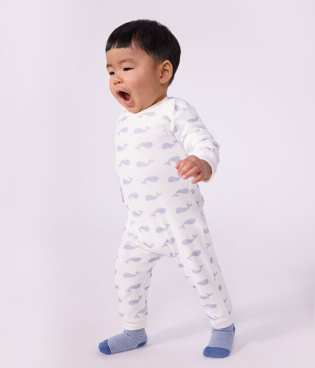 Pijama de terciopelo con estampado de ballena y abertura sin botones de presi&oacute;n para beb&eacute; blanco/azul