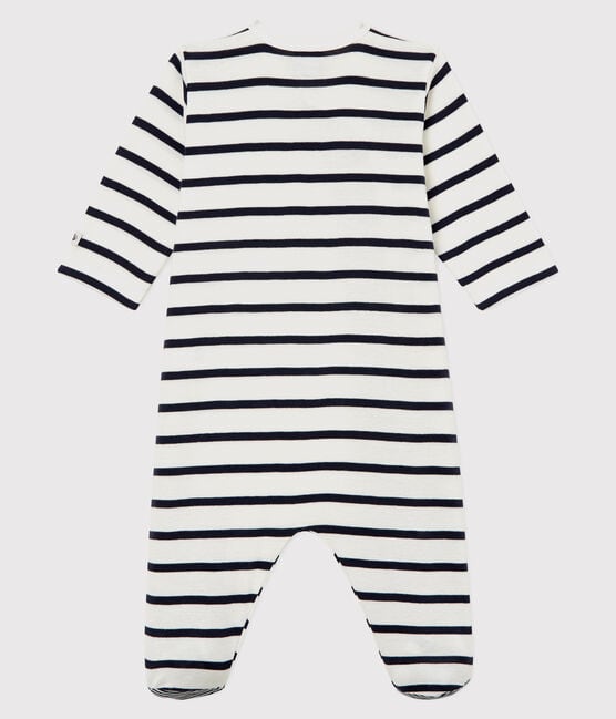 Pijama enterizo de rayas de canalé de bebé blanco MARSHMALLOW/azul SMOKING