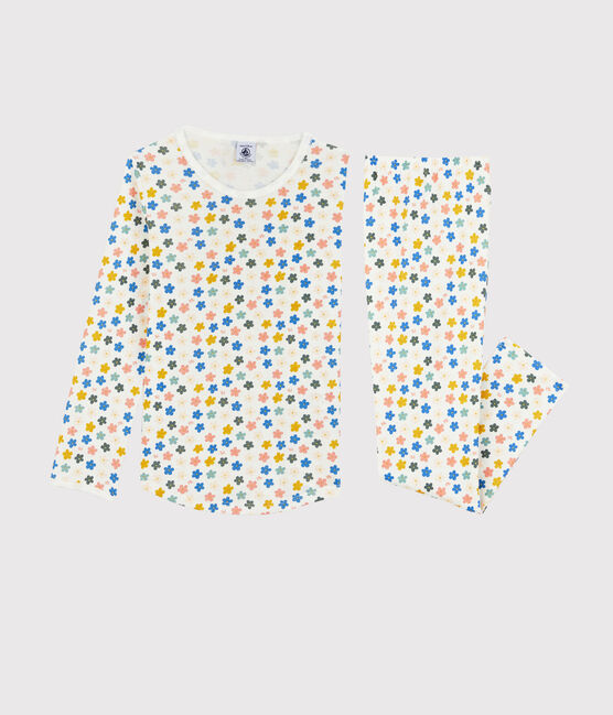 Pijama de flores fosforescentes de algodón de niña blanco MARSHMALLOW/blanco MULTICO