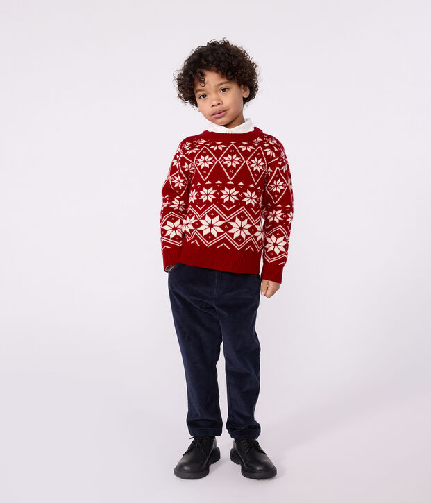 Jersey infantil de lana y algod&oacute;n con estampados rojo/crudo