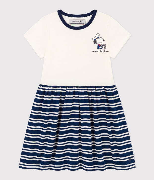 Vestido de manga corta de algod&oacute;n para ni&ntilde;a azul/blanco