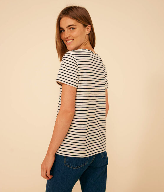 Camiseta La Recta de algodón a rayas con cuello redondo para mujer  blanco AVALANCHE/azul SMOKING