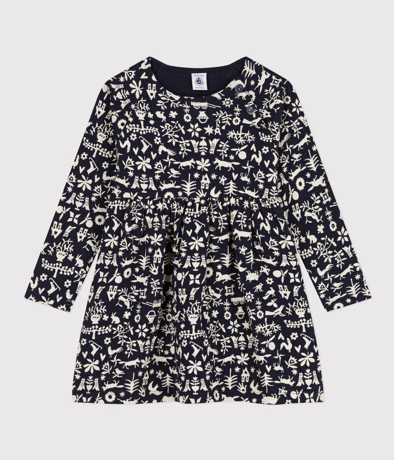 Vestido con estampado de manga larga de t&uacute;bico de ni&ntilde;a azul/crudo