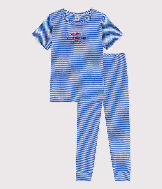 Pijama de manga corta de algodón a rayas para niña/niño azul PERSE/blanco MARSHMALLOW