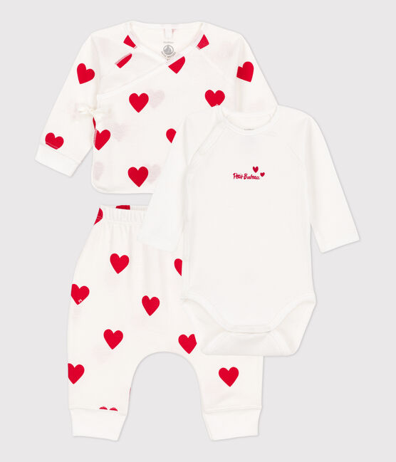 Conjunto de 3 piezas de algodón con corazones para bebé blanco MARSHMALLOW/rojo TERKUIT