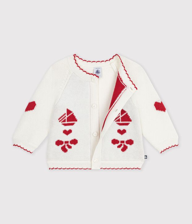C&aacute;rdigan de punto tricotado de lana y algod&oacute;n con estampados jacquard para beb&eacute; blanco/rojo