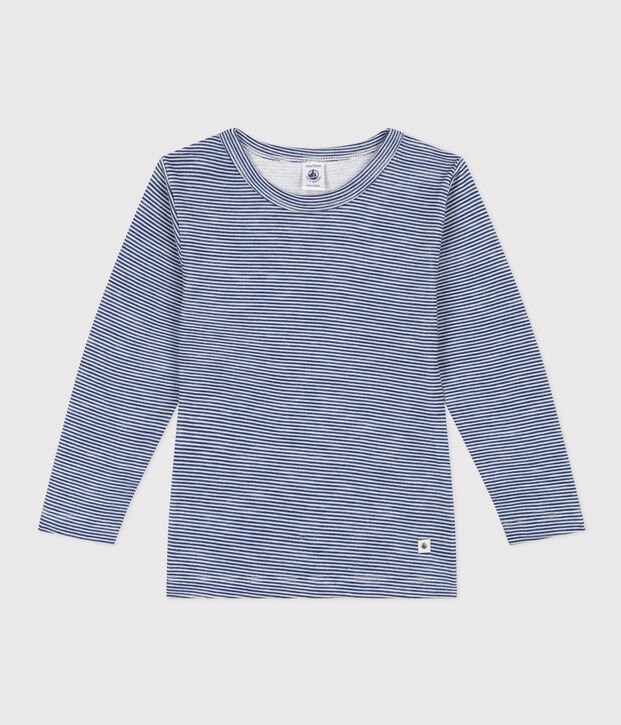 Camiseta infantil de manga larga de lana y algod&oacute;n a rayas azul/blanco