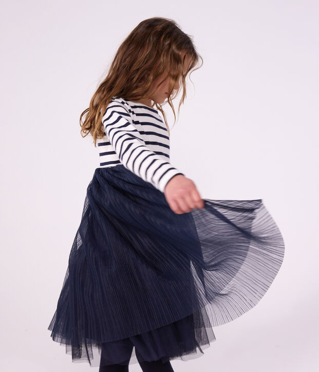 Vestido infantil de algod&oacute;n y tul de manga larga a rayas blanco/azul