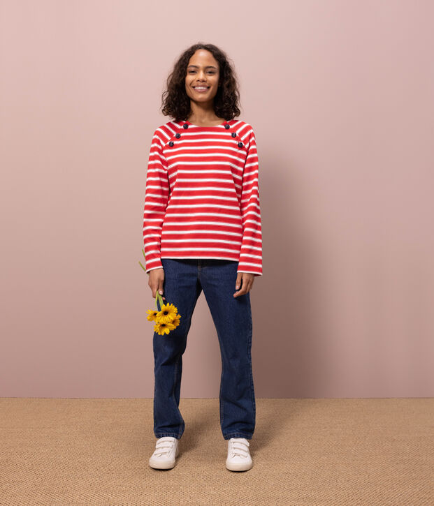Marinera de algod&oacute;n con botones para mujer rojo/blanco