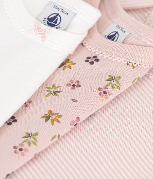 Juego de 3 bodis de algod&oacute;n de manga corta con flores para beb&eacute; multicolor