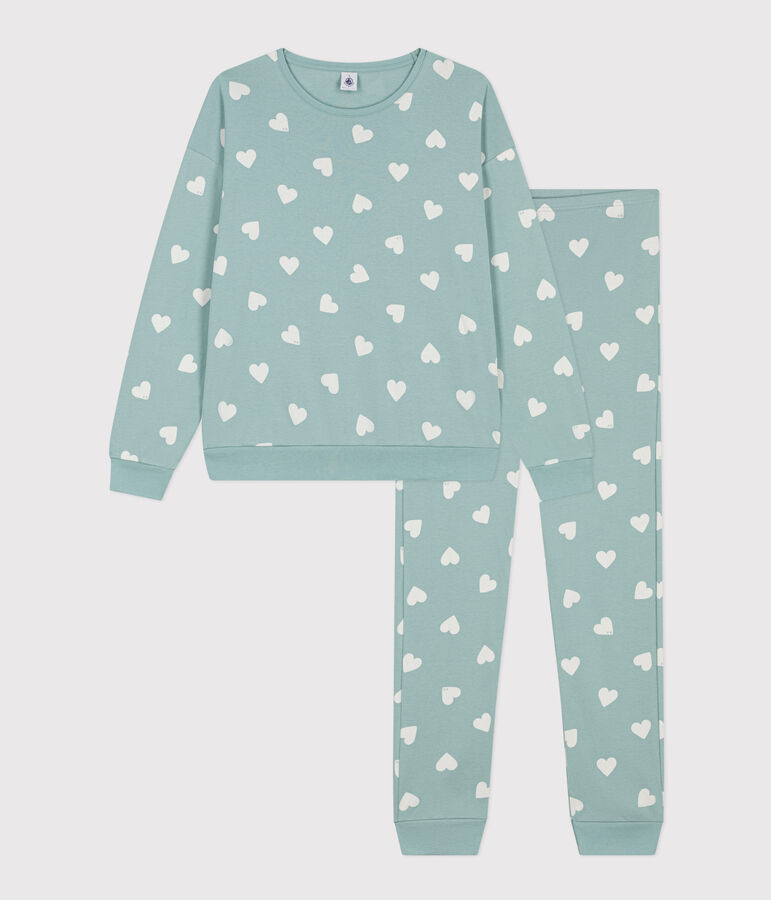 Pijama de algod&oacute;n con coraz&oacute;n para mujer verde/crudo