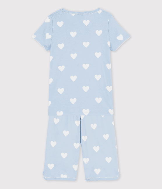 Pijama corto azul de corazón de algodón ecológico de niña azul JASMIN/blanco MARSHMALLOW