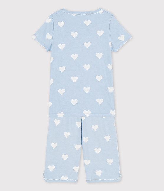 Pijama corto azul de corazón de algodón ecológico de niña azul JASMIN/blanco MARSHMALLOW