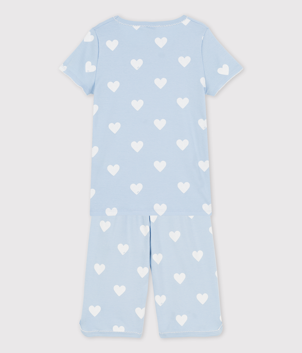 Pijama corto azul de coraz&oacute;n de algod&oacute;n ecol&oacute;gico de ni&ntilde;a azul/blanco