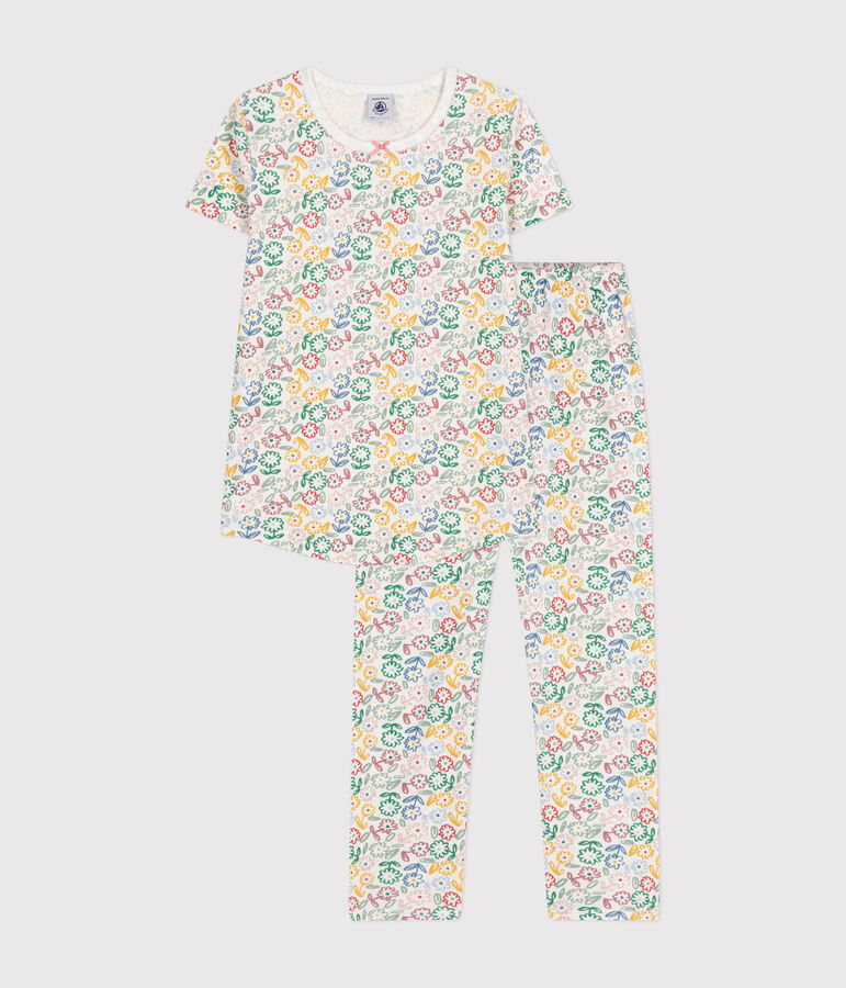 Pijama infantil de algod&oacute;n con estampado de flores blanco/multicolor
