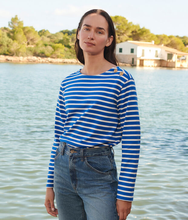Marinera de algod&oacute;n de manga larga para mujer azul/blanco