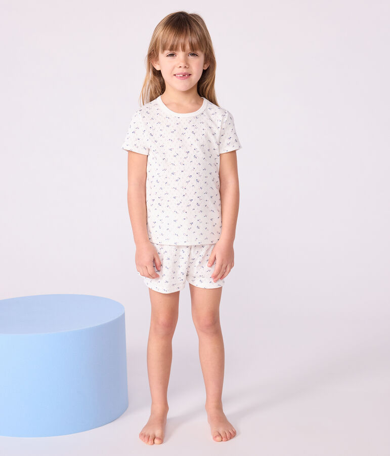 Pijama corto infantil de algod&oacute;n calado con estampado de flores blanco/multicolor