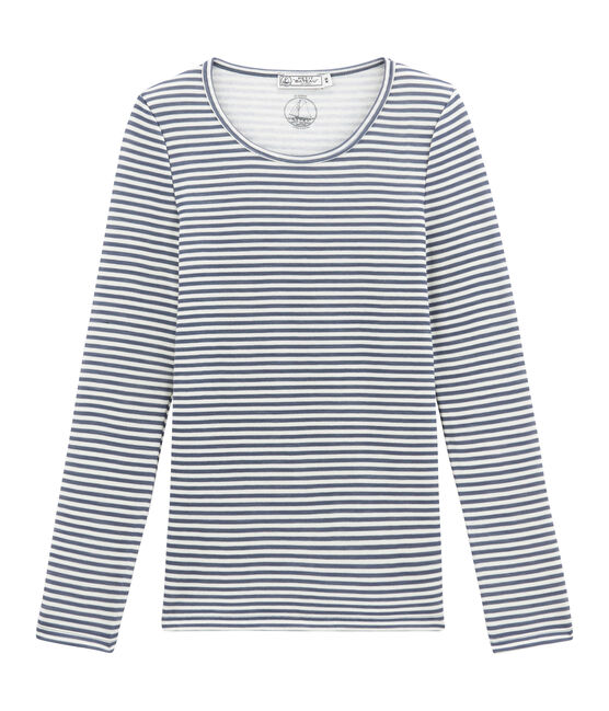 Camiseta de manga larga de algodón y lana para mujer azul TURQUIN/blanco MARSHMALLOW