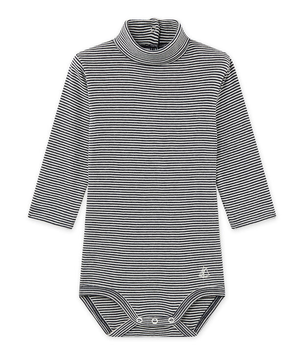Body beb&eacute; mixto con el cuello cisne milrayas azul/blanco