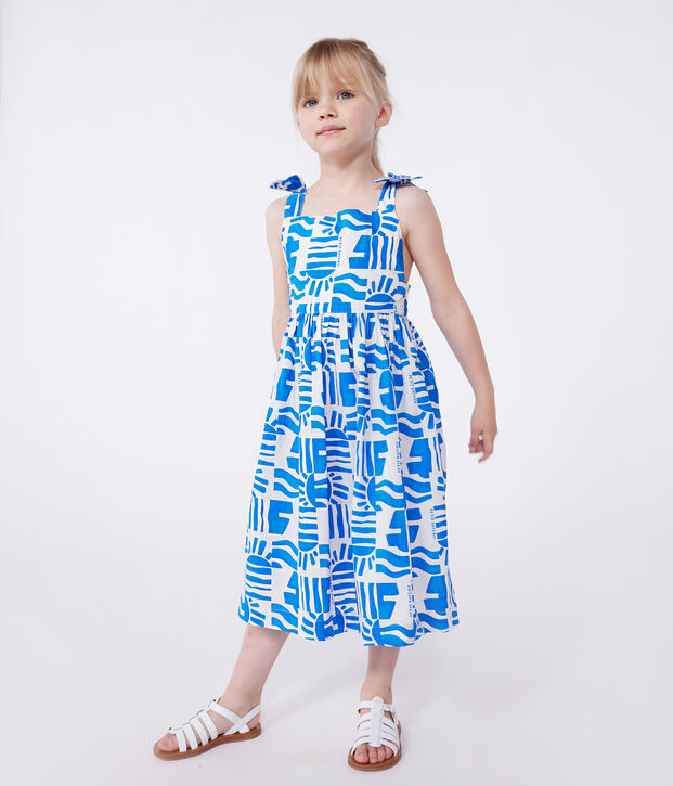 Vestido infantil largo de tirantes de algod&oacute;n estampado azul/azul