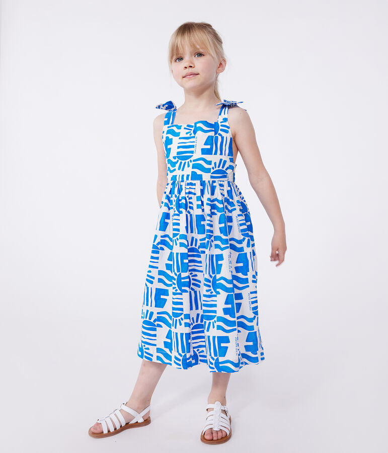 Vestido infantil largo de tirantes de algod&oacute;n estampado blanco/azul
