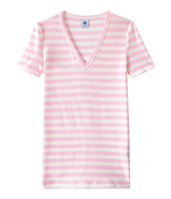 Camiseta de canalé original de rayas con cuello en pico para mujer rosa BABYLONE/blanco MARSHMALLOW
