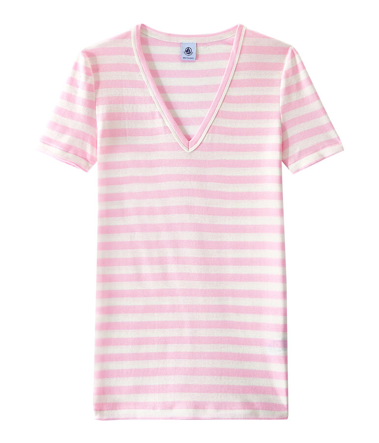 Camiseta de canal&eacute; original de rayas con cuello en pico para mujer rosa/blanco