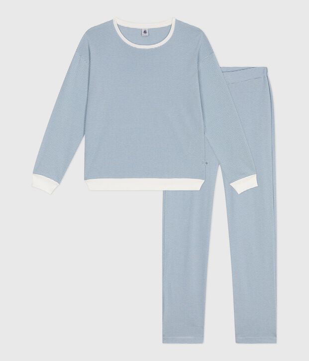 Pijama de algod&oacute;n a rayas para mujer azul/blanco