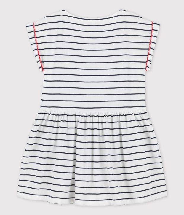 Vestido de manga corta de algod&oacute;n de ni&ntilde;a blanco/azul